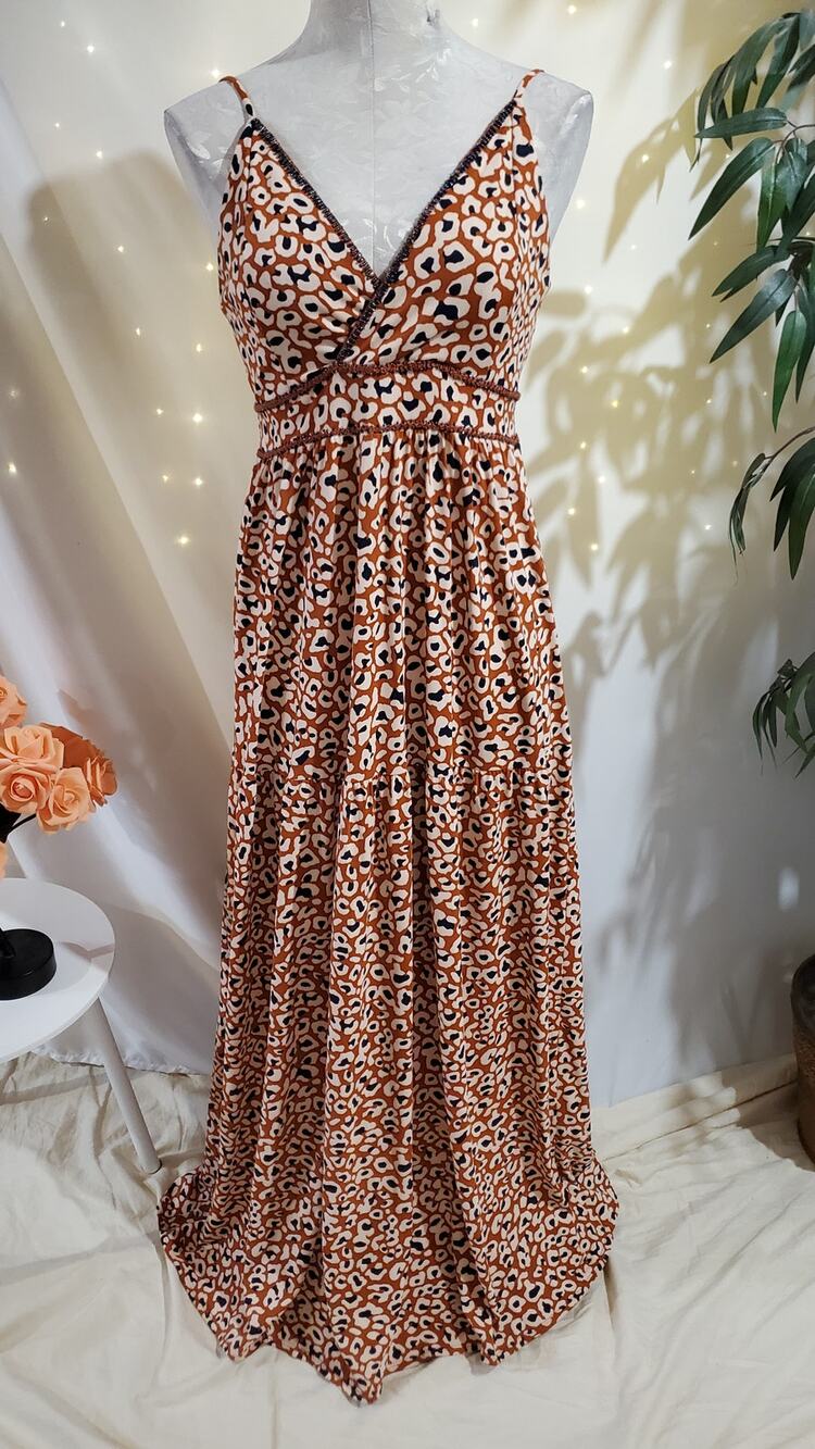 Maaji + Rapsodia Leopard Animal Print Beaded Tiered Maxi Dress Size L Beachy